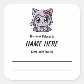Chibi Purple Cat Children's Bookplate With Message Square Sticker