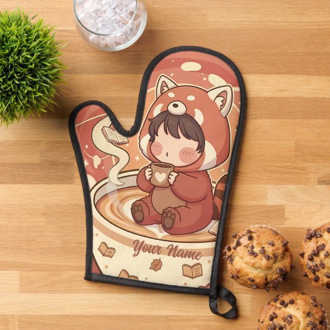 Chibi Red Panda Brew Heat Resistant Oven Mitt (Top down)