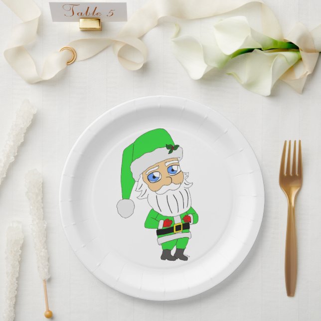 Chibi Santa green suit Paper Plate (Wedding)