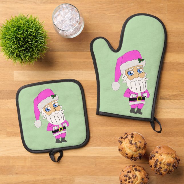 Chibi Santa pink suit Oven Mitt & Pot Holder Set (Top Down)