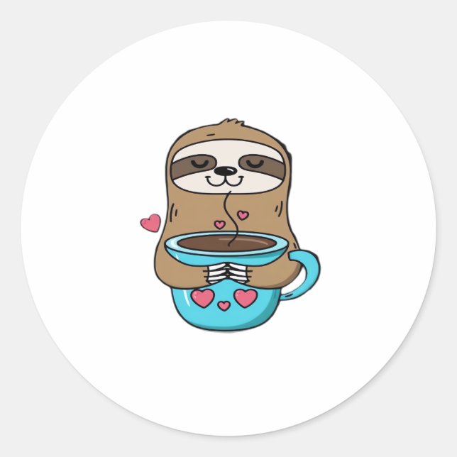 Chibi Sloth Coffee Lover – Cute Kawaii Sloth Huggi Classic Round Sticker (Front)