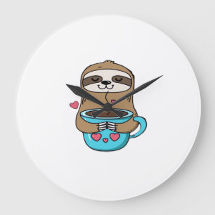 Chibi Sloth Coffee Lover � Cute Kawaii Sloth Huggi Large Clock