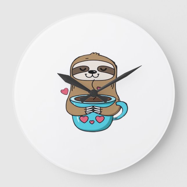 Chibi Sloth Coffee Lover � Cute Kawaii Sloth Huggi Large Clock (Front)
