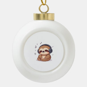 Chibi Sloth with Headphones � Cute Kawaii Relaxing Ceramic Ball Christmas Ornament