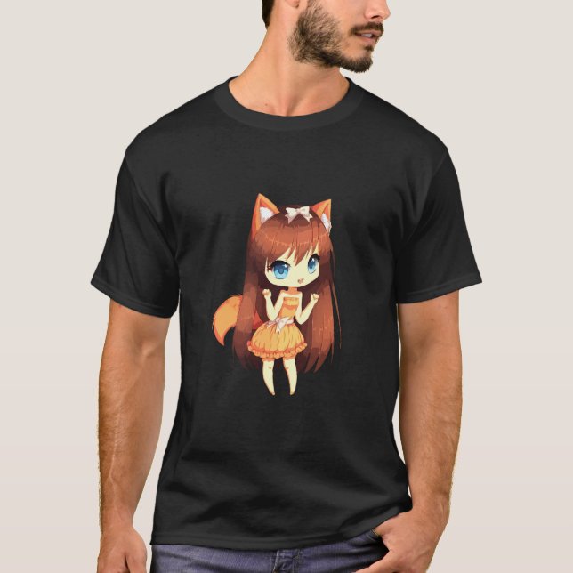 Chibi Style Kawaii Japanese Anime Girl With Fox Ea T-Shirt (Front)