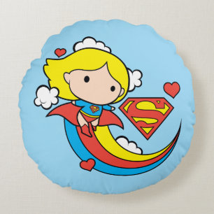 Chibi Supergirl Flying Rainbow Round Cushion