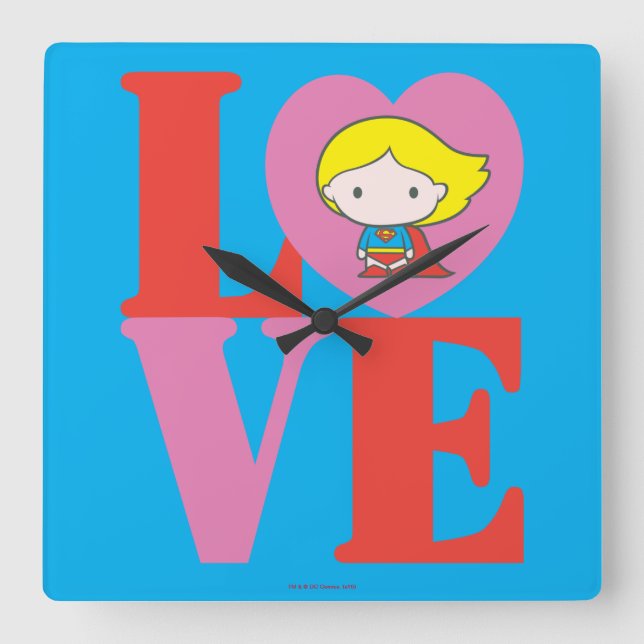 Chibi Supergirl LOVE Square Wall Clock (Front)