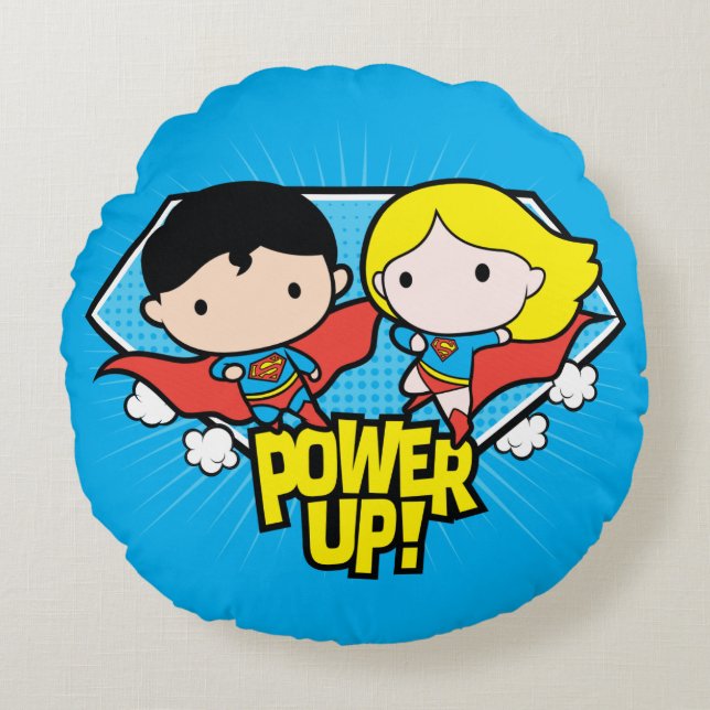 Chibi Superman & Chibi Supergirl Power Up! Round Cushion (Front)