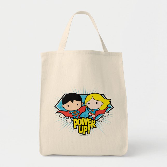 Chibi Superman & Chibi Supergirl Power Up! Tote Bag (Front)