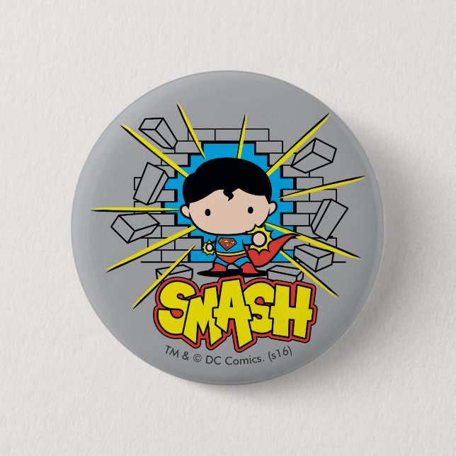 Chibi Superman Smashing Through Brick Wall 6 Cm Round Badge (Front)