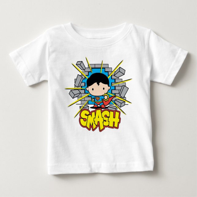 Chibi Superman Smashing Through Brick Wall Baby T-Shirt (Front)