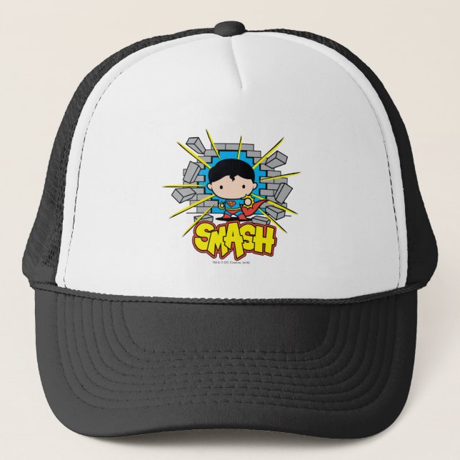 Chibi Superman Smashing Through Brick Wall Trucker Hat (Front)
