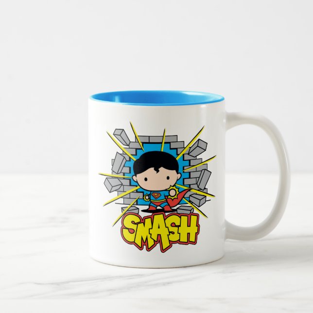Chibi Superman Smashing Through Brick Wall Two-Tone Coffee Mug (Right)