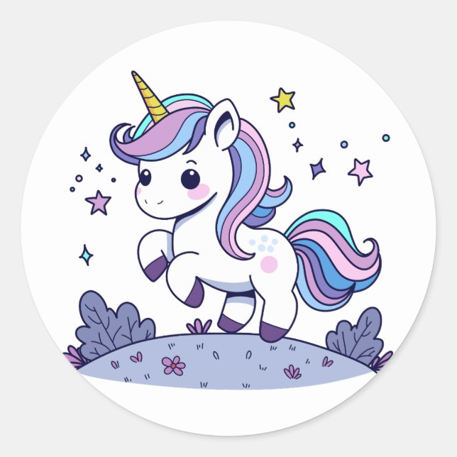 Chibi Unicorn Purple Blue Pink Classic Round Sticker (Front)