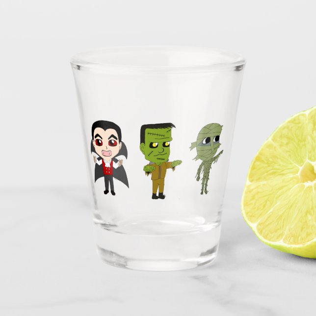 Chibi vampire, monster, and mummy   shot glass (Front)