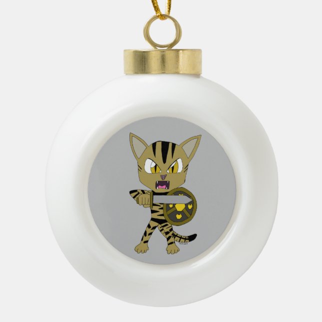 Chibi Warrior Cat Ceramic Ball Christmas Ornament (Front)
