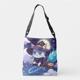 Chibi Witch Cat Flying in Starry Sky – Kawaii Magi Crossbody Bag