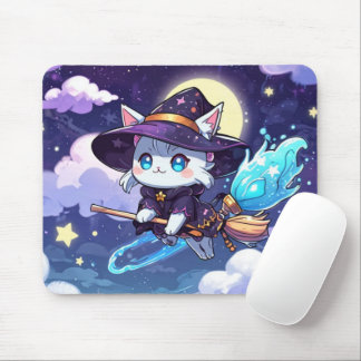 Chibi Witch Cat Flying in Starry Sky – Kawaii Magi Mouse Pad