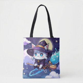 Chibi Witch Cat Flying in Starry Sky – Kawaii Magi Tote Bag
