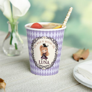 Chibi Witch One 1st Birthday Invitation Watercolor Paper Cups
