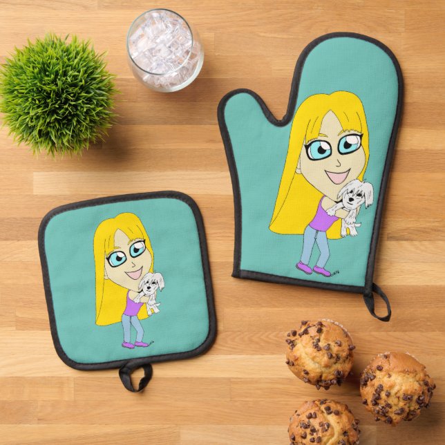 Chibi with a pup oven mitt & pot holder set (Top Down)