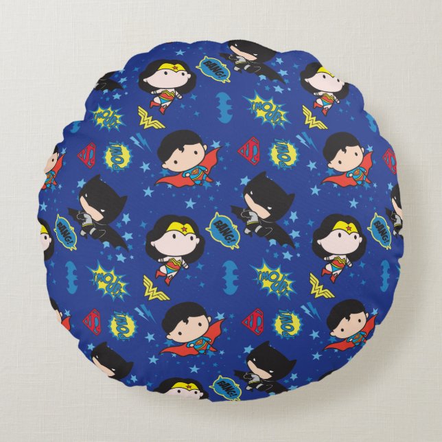 Chibi Wonder Woman, Superman, and Batman Pattern Round Cushion (Front)