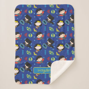 Chibi Wonder Woman, Superman, and Batman Pattern Sherpa Blanket