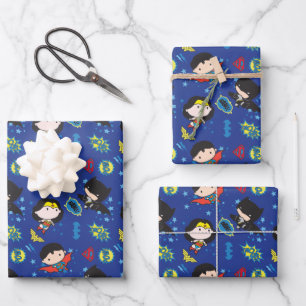Chibi Wonder Woman, Superman, and Batman Pattern Wrapping Paper Sheet