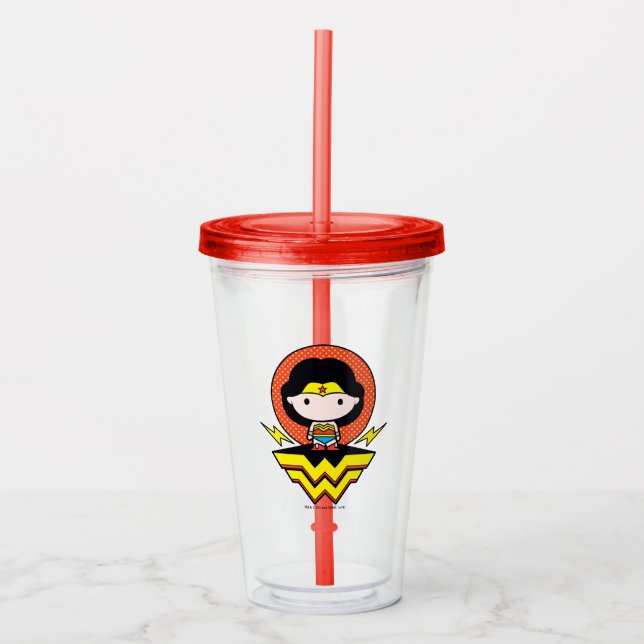 Chibi Wonder Woman With Polka Dots and Logo Acrylic Tumbler (Front)