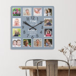 Chic 12 Photo Collage Family Time Quote Dusty Blue Square Wall Clock<br><div class="desc">Add a modern touch to your living space with a contemporary dusty blue photo collage clock. This eye-catching timepiece showcases the touching family quote "Every moment spent with family is invaluable" and can be personalised with 12 treasured family photos. Elevate your home decor and infuse your living space with inspiration...</div>