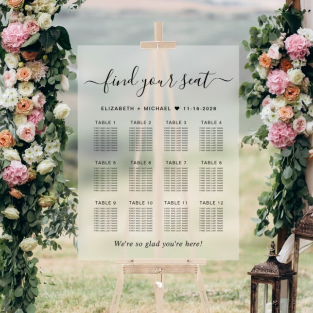 Chic 12 Table Wedding Seating Frosted Acrylic Sign (Creator Uploaded)
