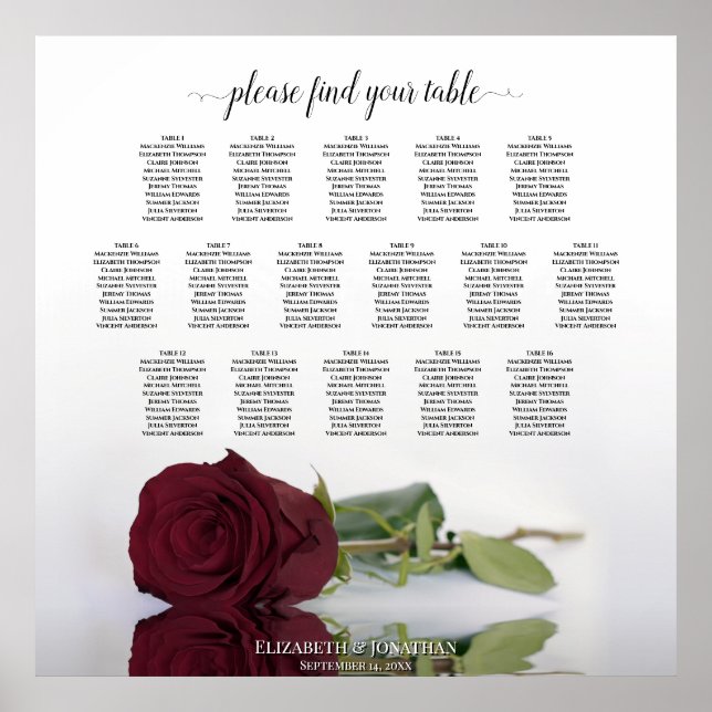 Chic 16 Table Burgundy Rose Wedding Seating Chart (Front)