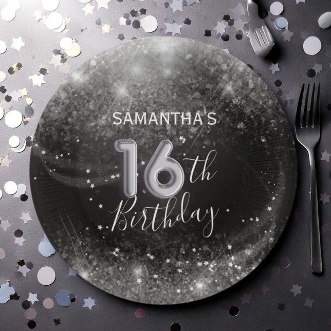 Chic 16th Birthday Silver Glitter & Black  Paper Plate (Creator Uploaded)