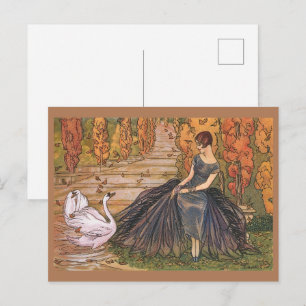 Chic 1920s French Art Deco Woman & Swan Pond Postcard