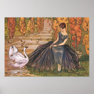 Chic 1920s French Art Deco Woman & Swan Pond Poster