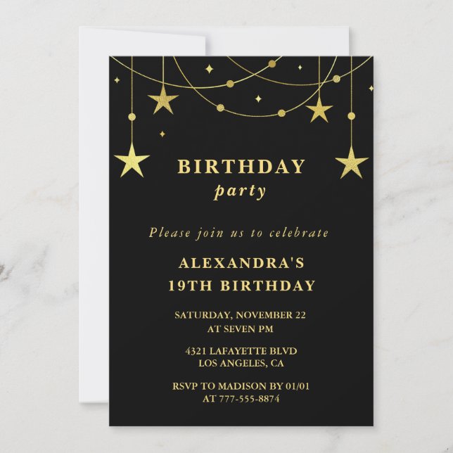 Chic 19th birthday Party invite Gold Stars (Front)