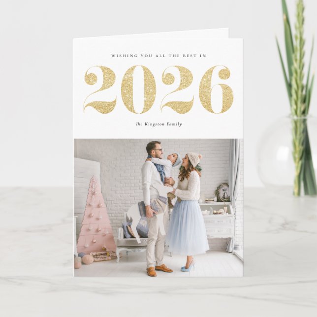 Chic 2024 Gold Glitter Happy New Year Photo Holiday Card (Front)