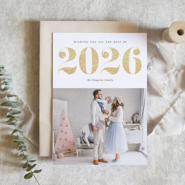 Chic 2024 Gold Glitter Happy New Year Photo Holiday Card (Ring in 2026 with this sparkly Happy New Year photo card featuring faux gold glitter.)