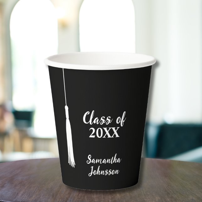 Chic 2024 Grad Tassel Personalised Graduation  Paper Cups (Chic 2024 Grad Tassel Personalized Graduation Paper Cups Minimalist Black And White Class of 2024)