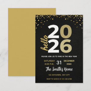 Chic 2026 New Year' Eve Party Gold Glitter Black Invitation