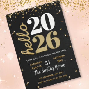 Chic 2026 New Year' Eve Party Gold Glitter Black Invitation