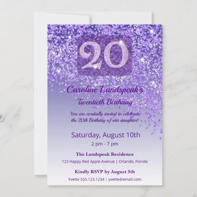 Chic 20th Birthday Purple Glitter  Invitation (Front)