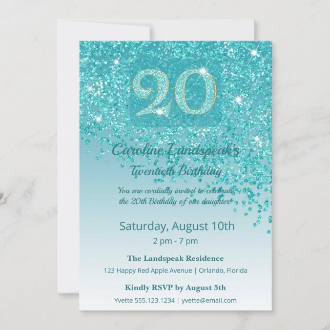 Chic 20th Birthday Teal Blue Glitter Invitation (Front)
