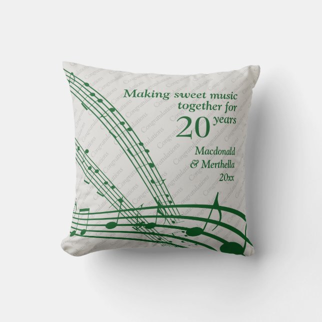 Chic 20th Emerald SWEET MUSIC Wedding Anniversary Cushion (Front)