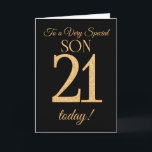 Chic 21st Gold-effect on Black for Son Birthday Card<br><div class="desc">The chic 21st Birthday Card for a 'Very Special Son',  with a number 21 composed of gold-effect numbers and the word 'Son',  in gold-effect,  on a black background. The inside message,  which you can change if you wish,  is 'Happy Birthday'</div>