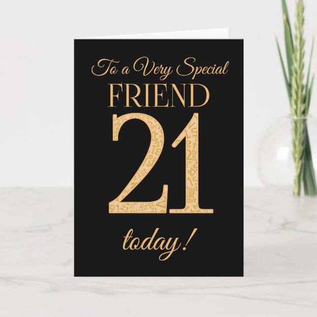 Chic 21st Gold-effect on Black, Friend Birthday Card (Front)