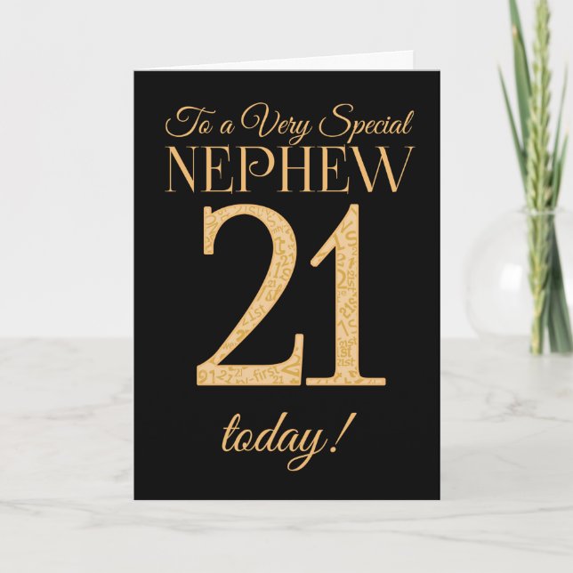 Chic 21st Gold-effect on Black, Nephew Birthday Card (Front)