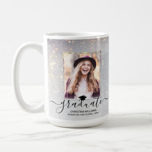 Chic 2 Photo Collage Script Gold Sparkles Graduate Coffee Mug (Left)