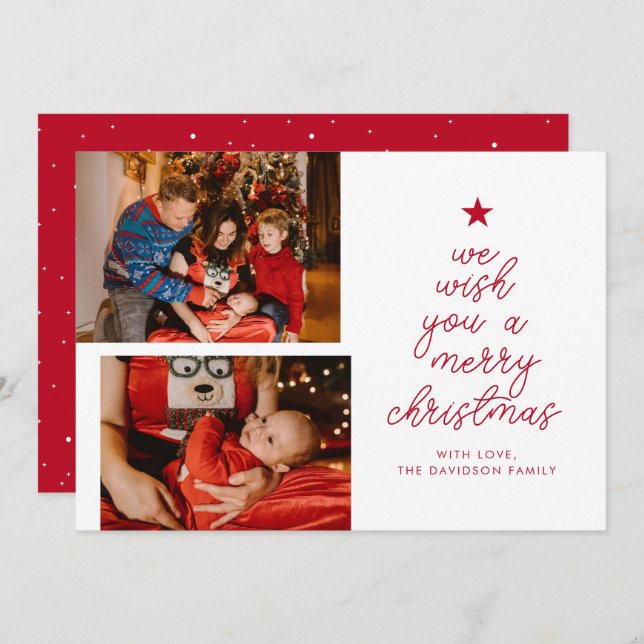 Chic 2 Photo Red | We Wish You A Merry Christmas Holiday Card (Front/Back)