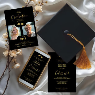 Chic 2-Photo Twins Graduation Fake Golden Black Invitation